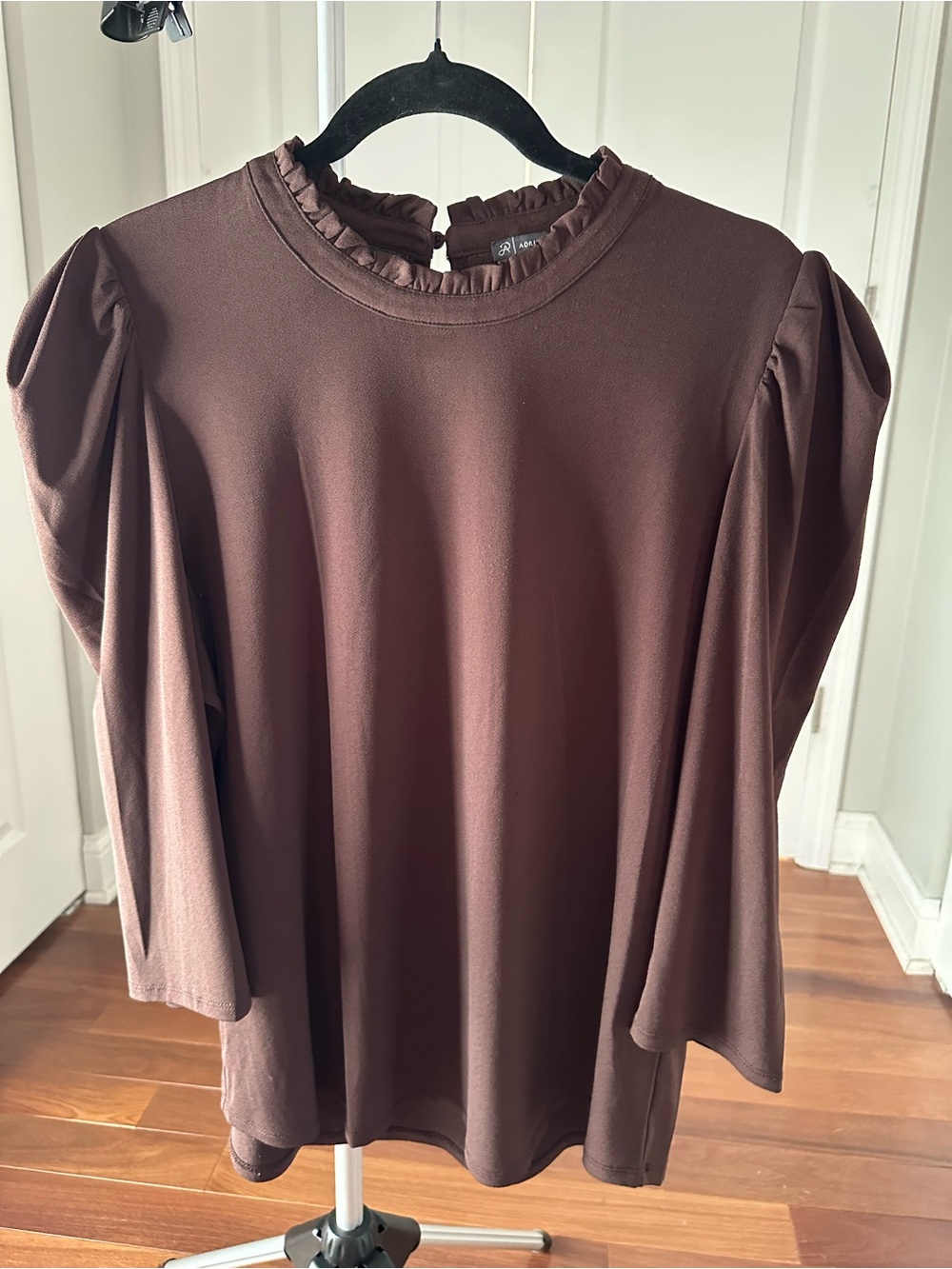 Adrianna Papell Chocolate Brown Ruffle-Neck Puff Sleeve Blouse